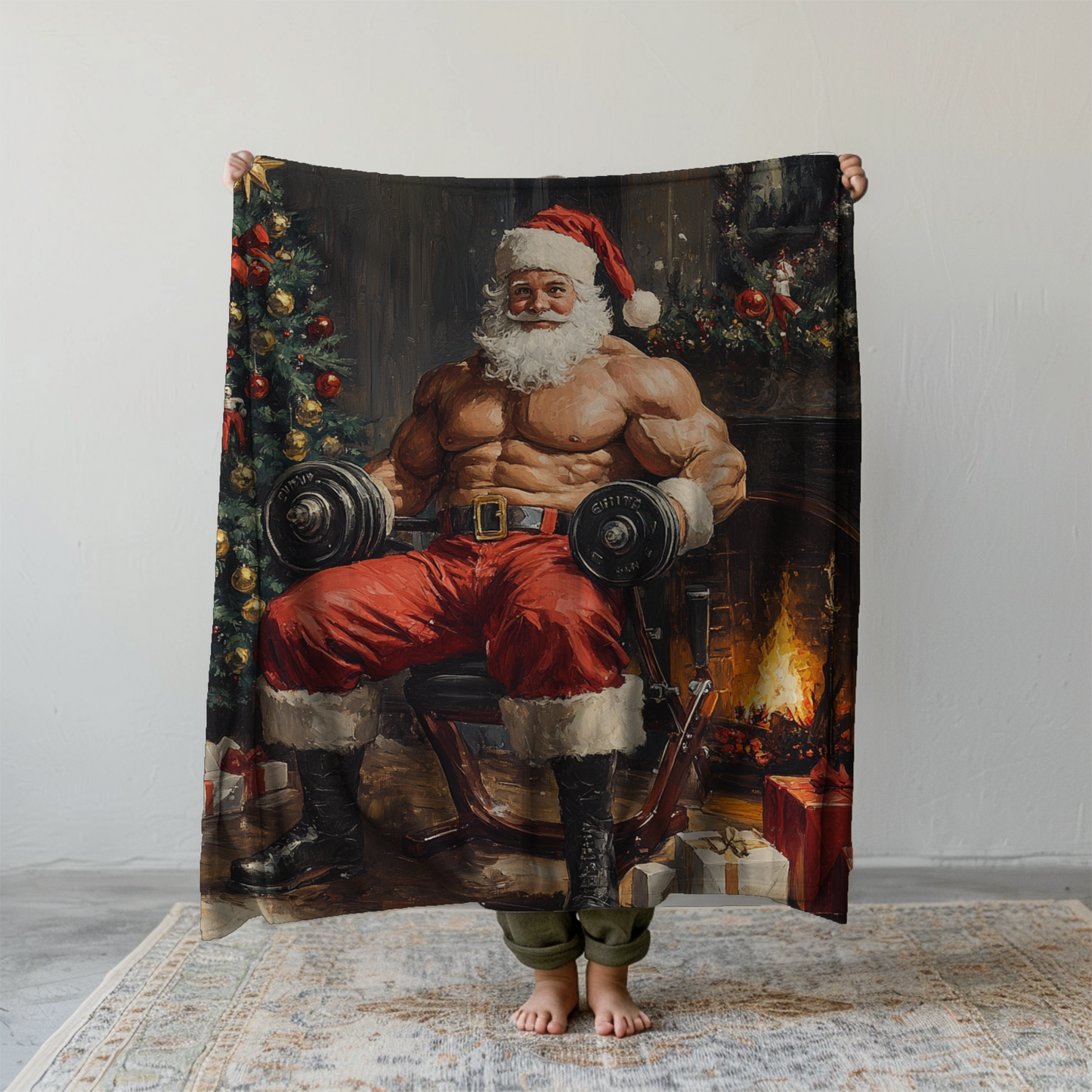 Unique Coral Blanket Featuring Santa Claus as a Gym Bro Lifting Weights – Perfect Christmas Gift & Festive Decor