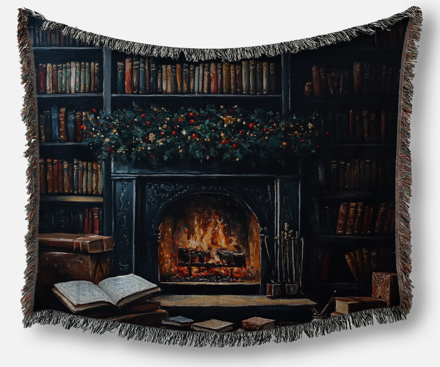 Mini LIbrary with Fireplace Woven Blanket Tapestry - Christmas Dark Acedemia Decor 2024