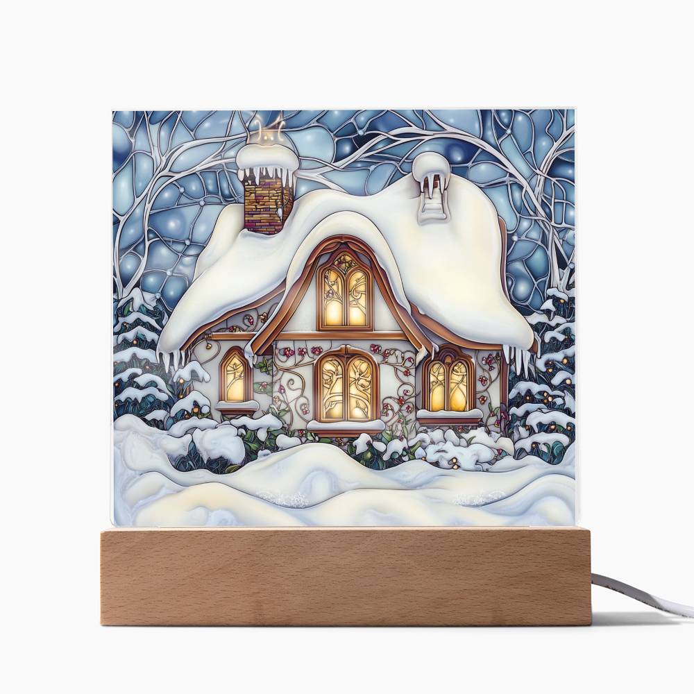 Faux Stained Glass Acrylic Plaque | Snowy Home Christmas Decor 2024