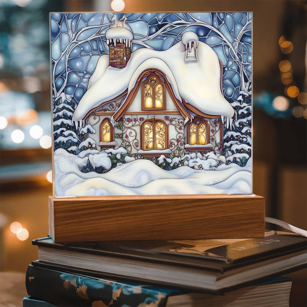 Faux Stained Glass Acrylic Plaque | Snowy Home Christmas Decor 2024