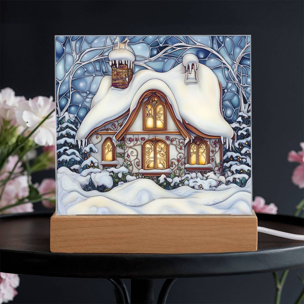 Faux Stained Glass Acrylic Plaque | Snowy Home Christmas Decor 2024