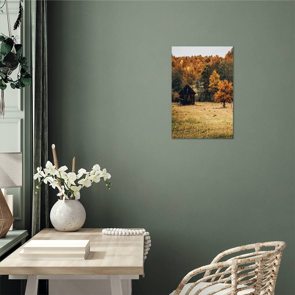 A Shack in Autumn Forest Metal Print | Fall Wall Art 2024