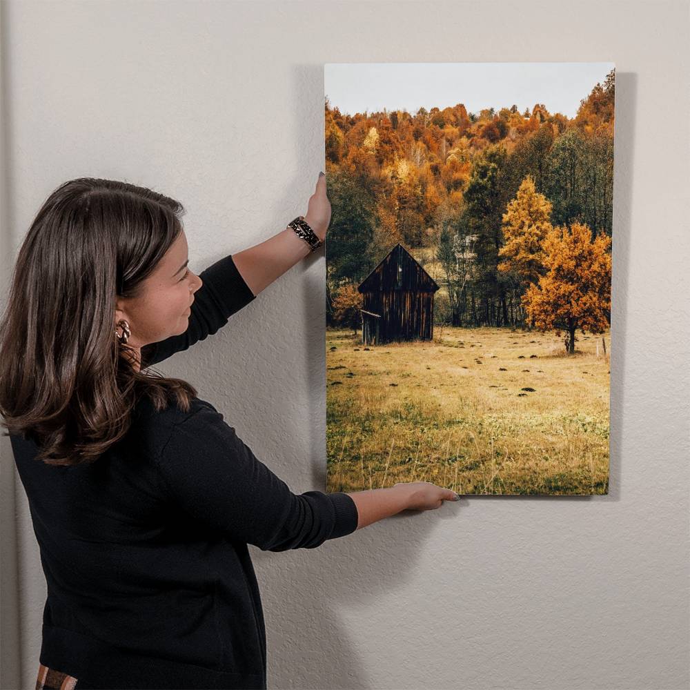 A Shack in Autumn Forest Metal Print | Fall Wall Art 2024