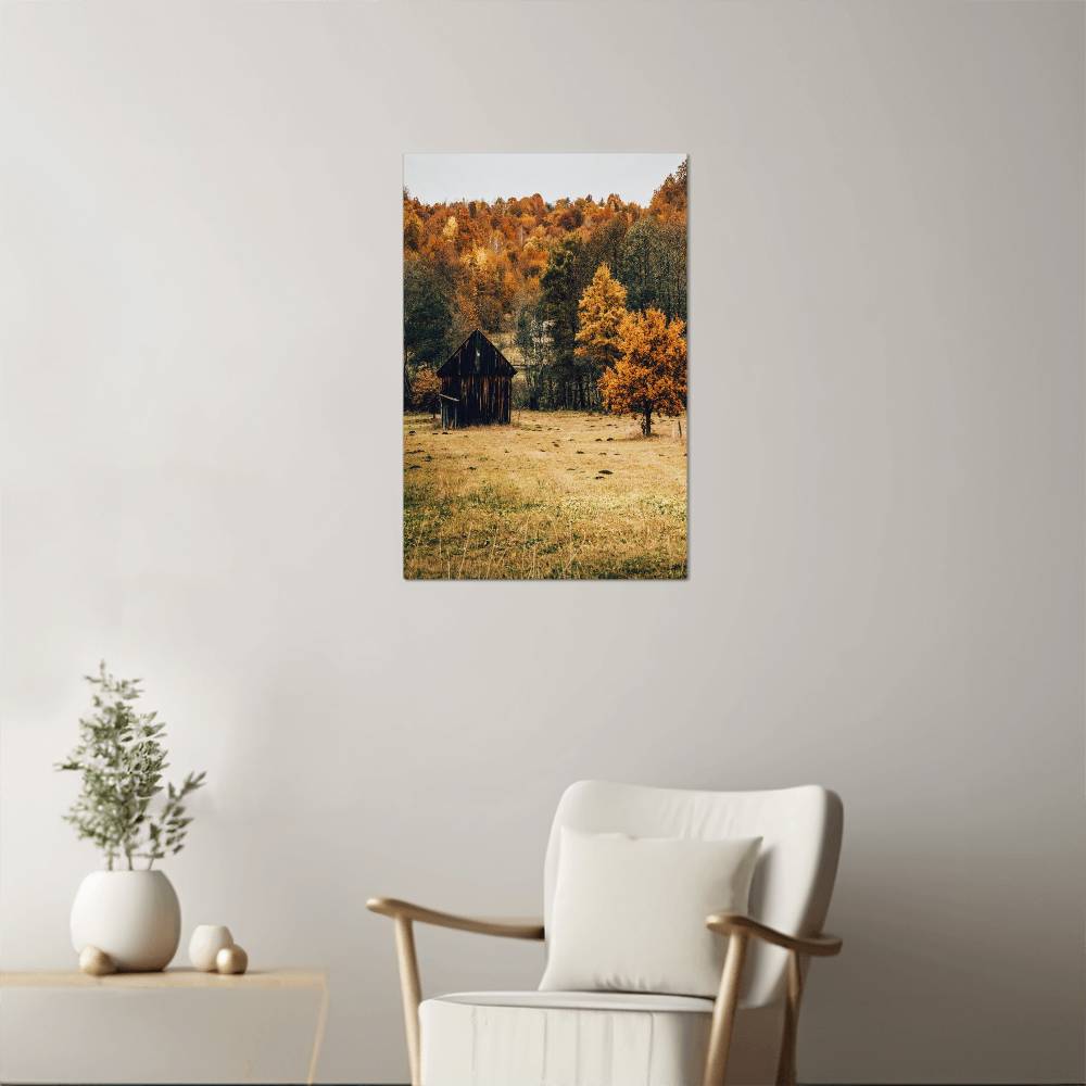 A Shack in Autumn Forest Metal Print | Fall Wall Art 2024