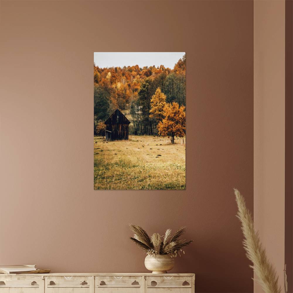 A Shack in Autumn Forest Metal Print | Fall Wall Art 2024