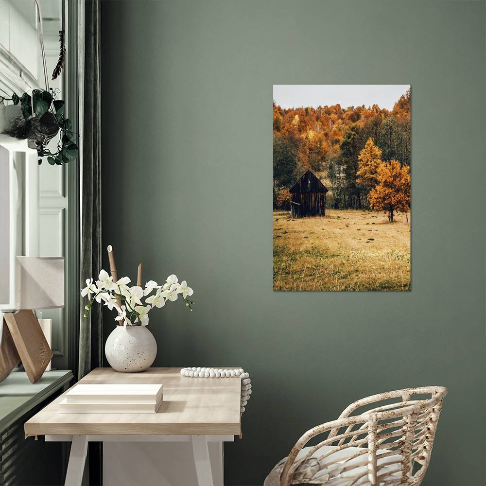 A Shack in Autumn Forest Metal Print | Fall Wall Art 2024