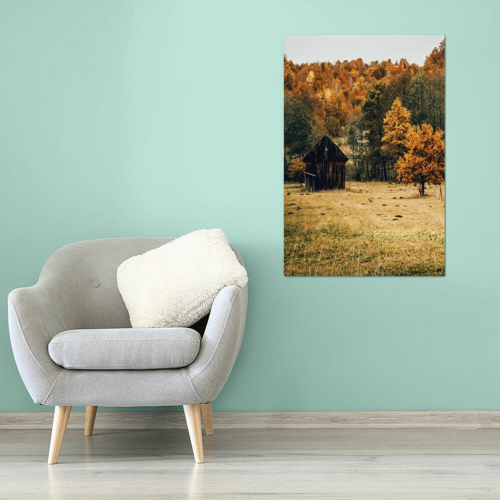 A Shack in Autumn Forest Metal Print | Fall Wall Art 2024