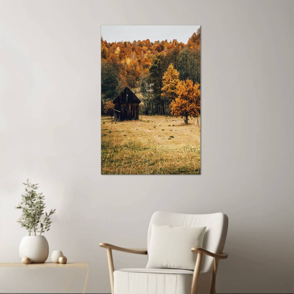 A Shack in Autumn Forest Metal Print | Fall Wall Art 2024