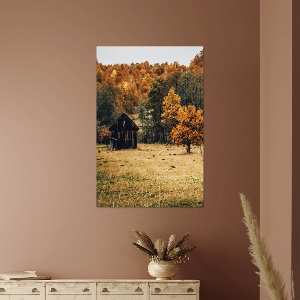 A Shack in Autumn Forest Metal Print | Fall Wall Art 2024