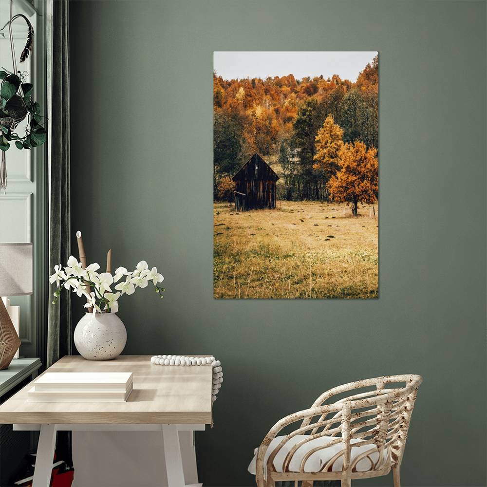 A Shack in Autumn Forest Metal Print | Fall Wall Art 2024