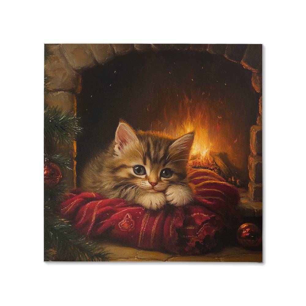 Sleepy Kitten by Fireplace Wrapped Canvas – Perfect Christmas & Winter Decor 2024