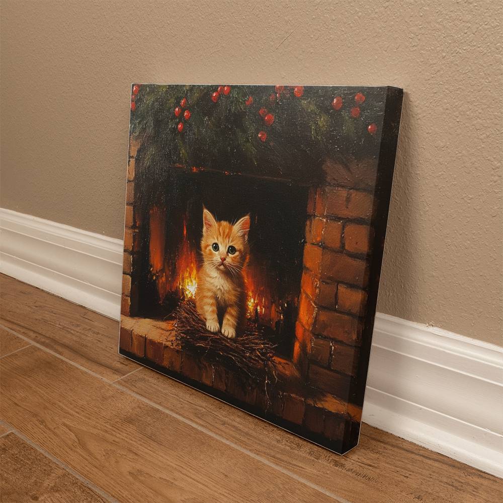 Cozy Orange Kitten by Fireplace Wrapped Canvas – Perfect Christmas & Winter Decor 2024