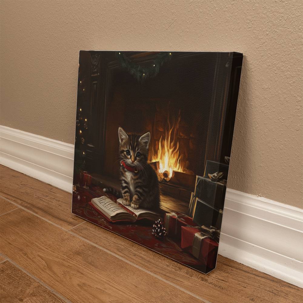 Cozy Kitten Sitting On a Book by the Fireplace Wrapped Canvas – Perfect Christmas & Winter Decor 2024