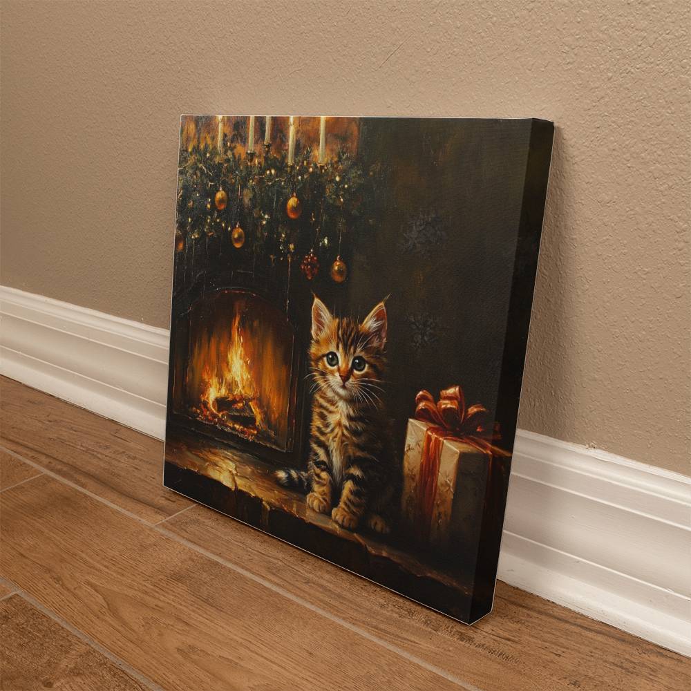 Cozy Tabby Kitten by Fireplace Wrapped Canvas – Perfect Christmas & Winter Decor 2024