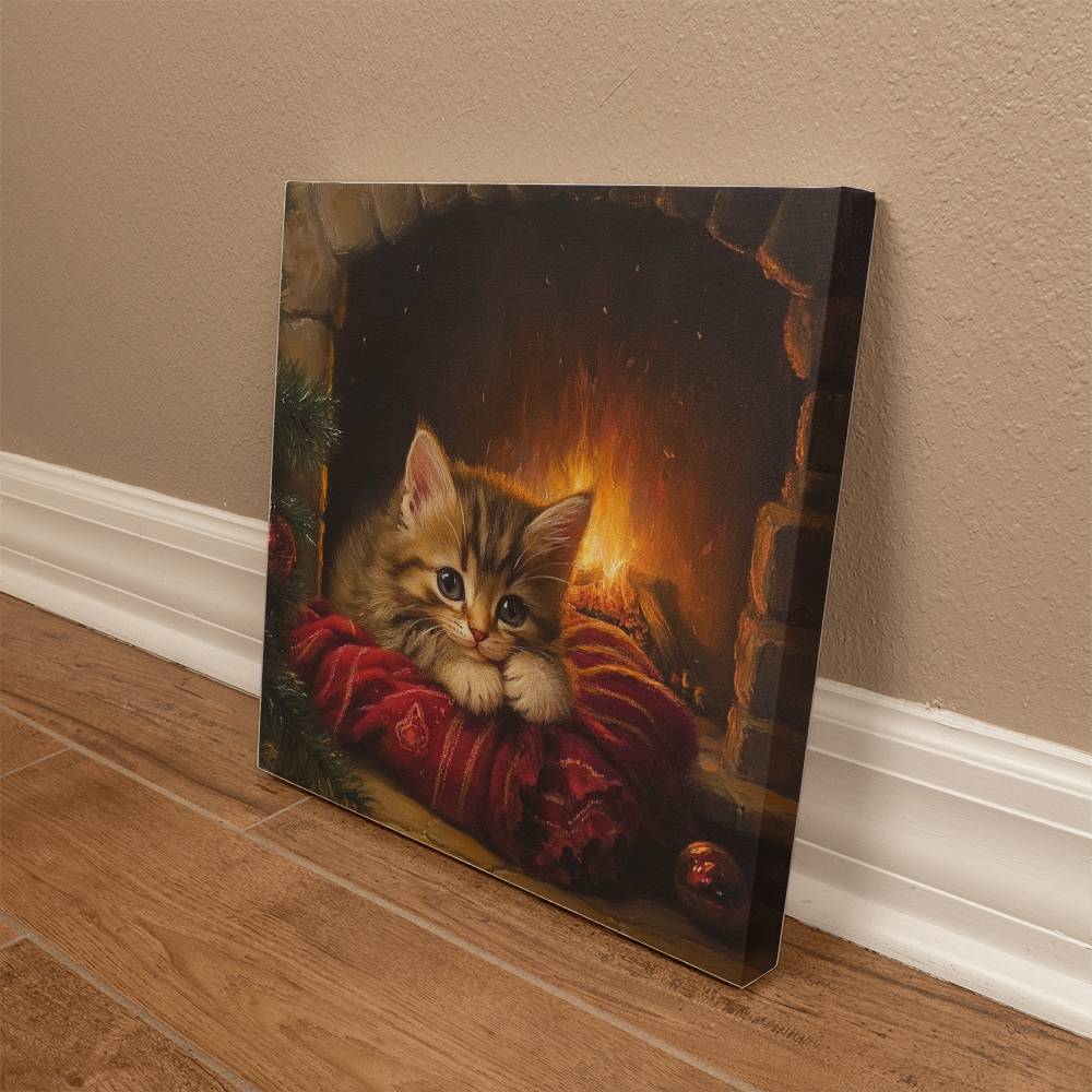 Sleepy Kitten by Fireplace Wrapped Canvas – Perfect Christmas & Winter Decor 2024