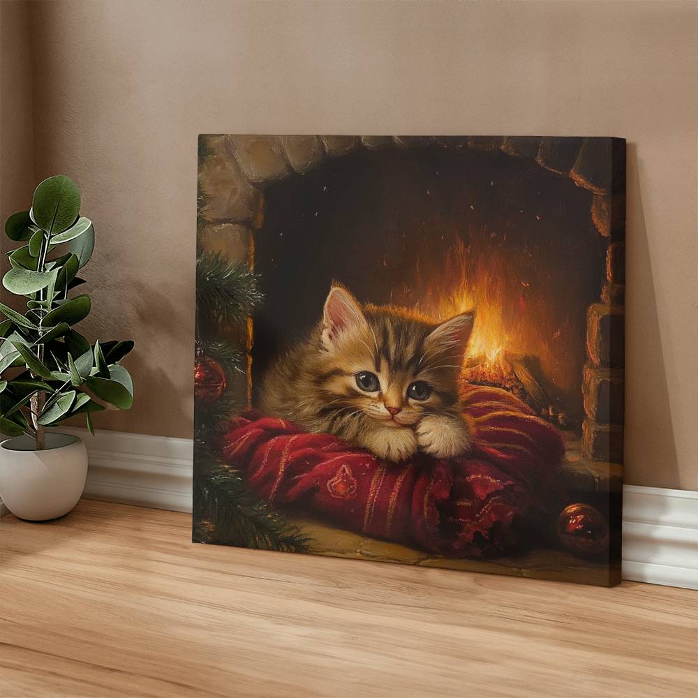 Sleepy Kitten by Fireplace Wrapped Canvas – Perfect Christmas & Winter Decor 2024