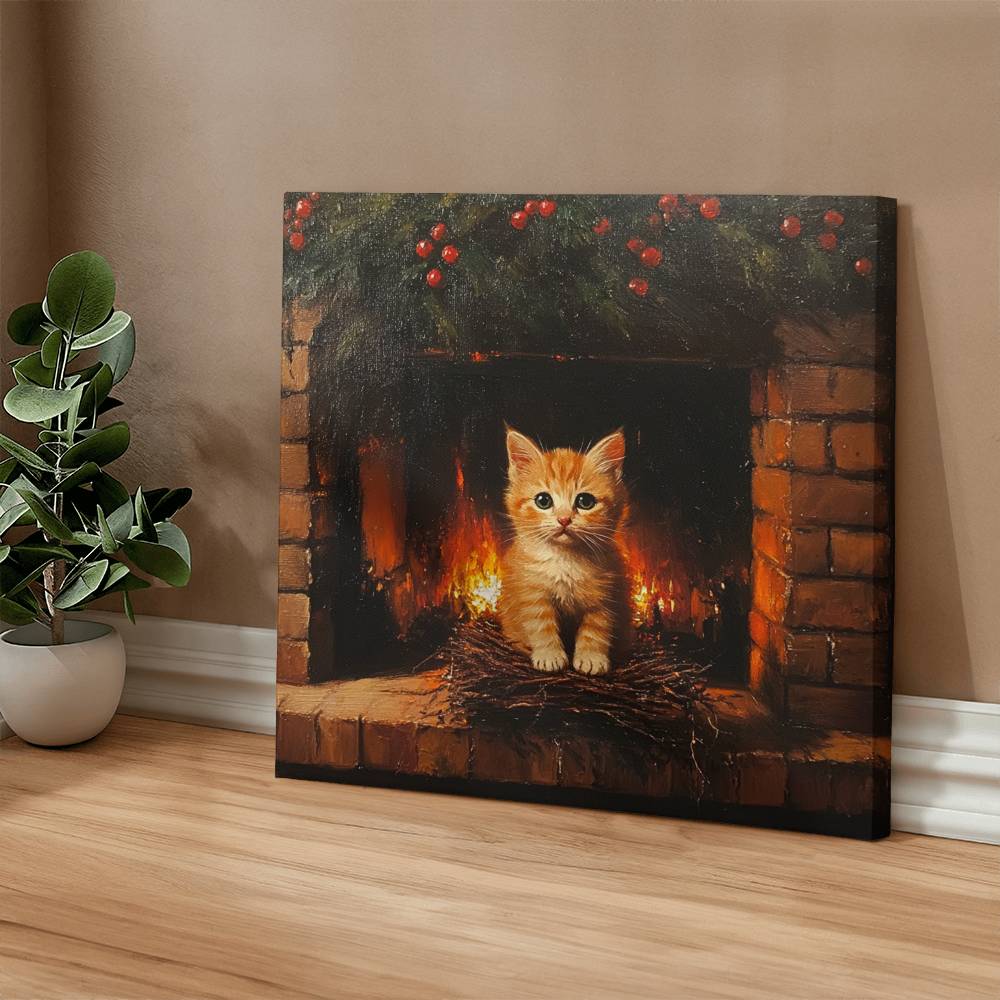 Cozy Orange Kitten by Fireplace Wrapped Canvas – Perfect Christmas & Winter Decor 2024