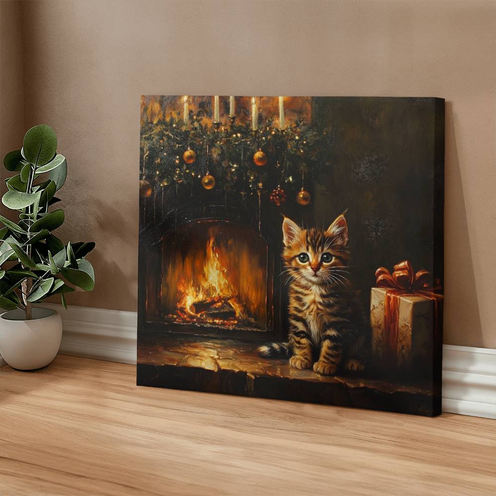 Cozy Tabby Kitten by Fireplace Wrapped Canvas – Perfect Christmas & Winter Decor 2024