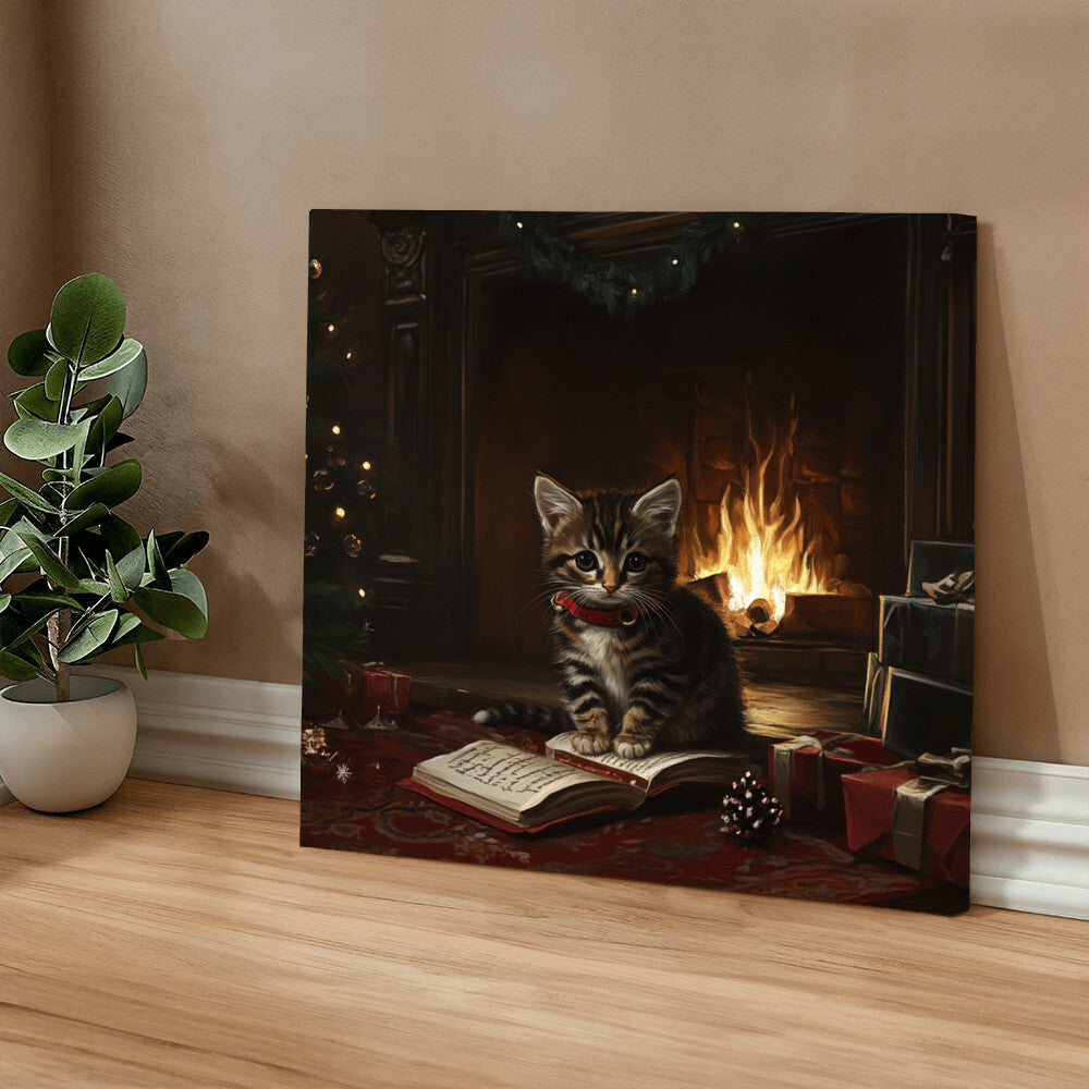 Cozy Kitten Sitting On a Book by the Fireplace Wrapped Canvas – Perfect Christmas & Winter Decor 2024