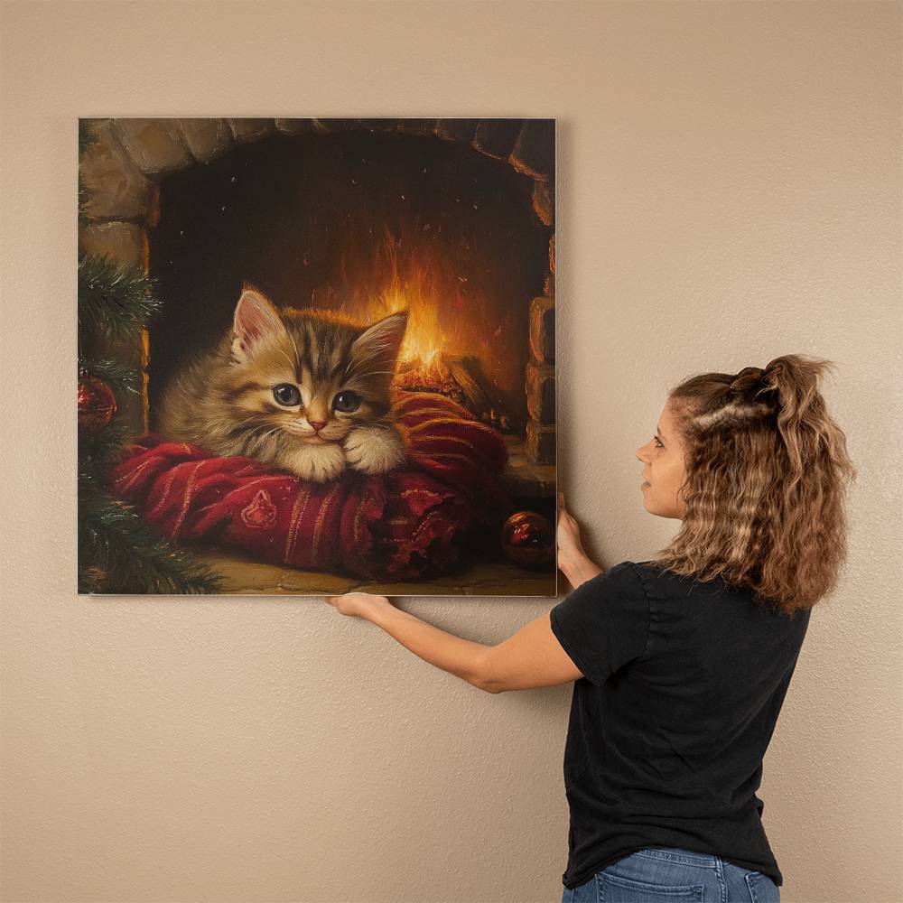 Sleepy Kitten by Fireplace Wrapped Canvas – Perfect Christmas & Winter Decor 2024