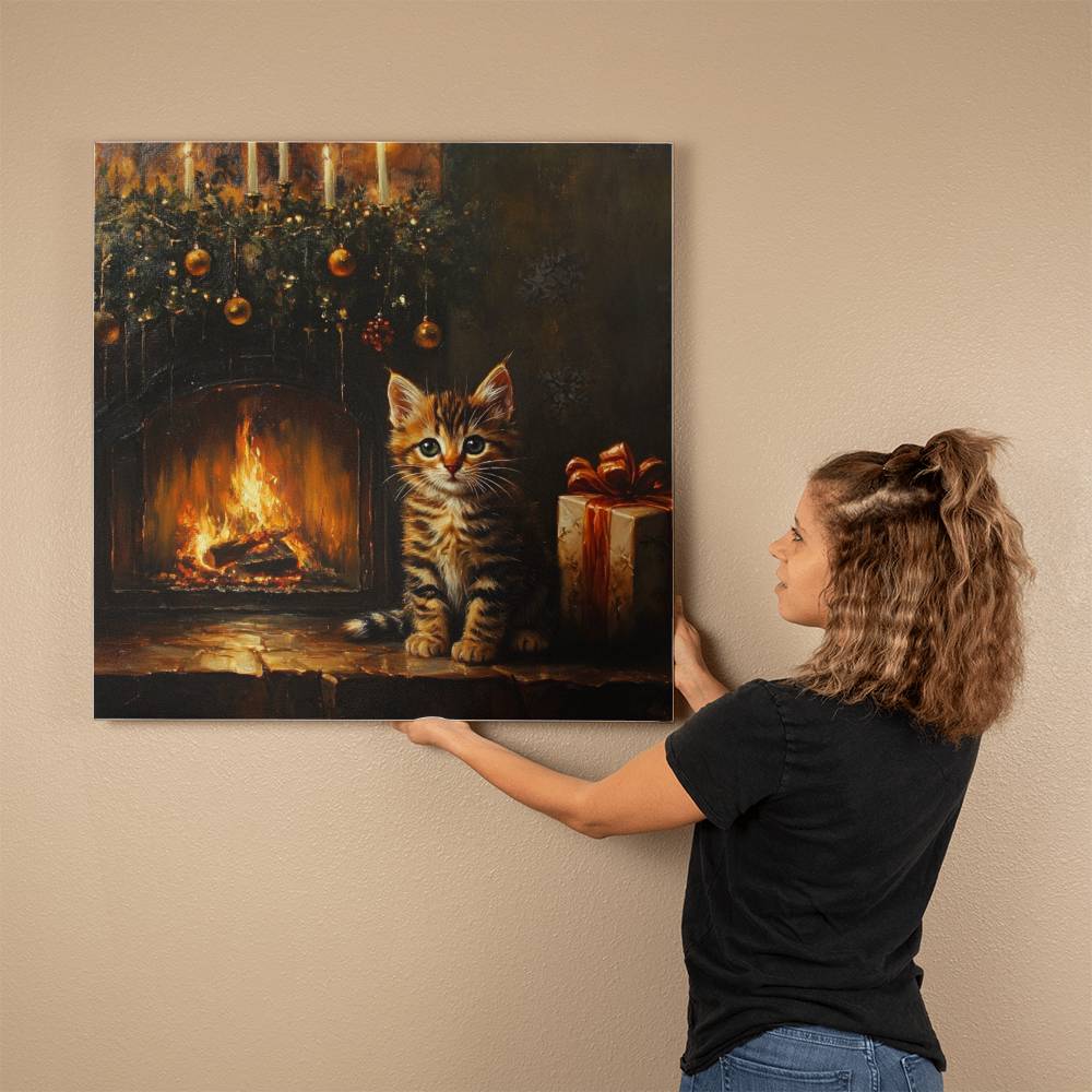 Cozy Tabby Kitten by Fireplace Wrapped Canvas – Perfect Christmas & Winter Decor 2024