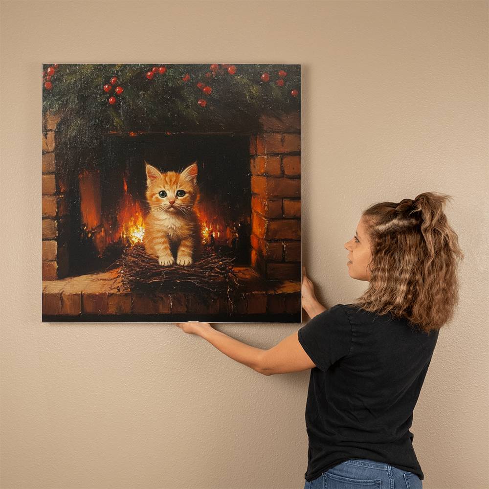 Cozy Orange Kitten by Fireplace Wrapped Canvas – Perfect Christmas & Winter Decor 2024