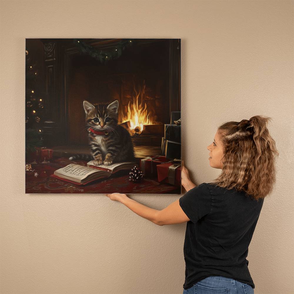 Cozy Kitten Sitting On a Book by the Fireplace Wrapped Canvas – Perfect Christmas & Winter Decor 2024