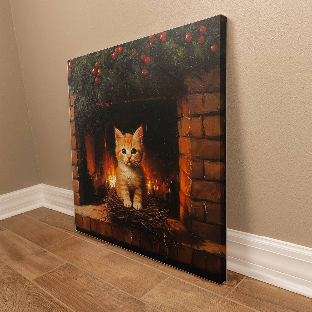 Cozy Orange Kitten by Fireplace Wrapped Canvas – Perfect Christmas & Winter Decor 2024