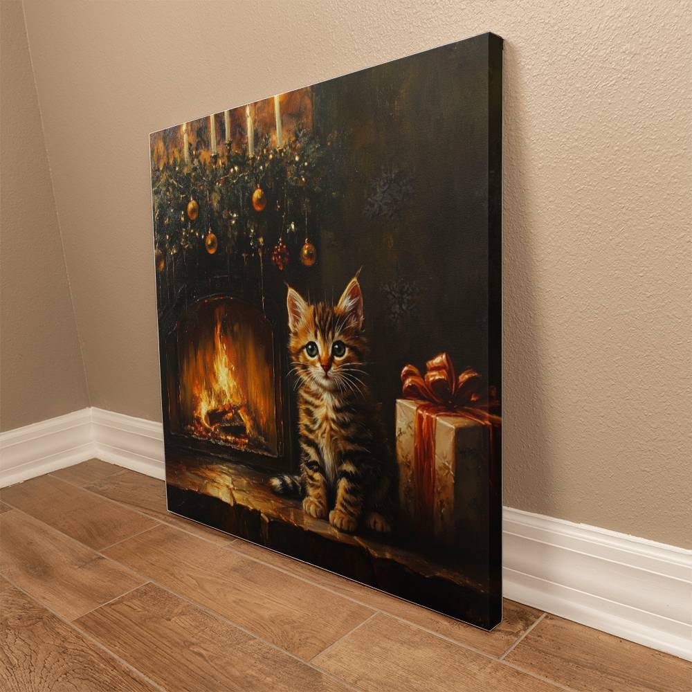 Cozy Tabby Kitten by Fireplace Wrapped Canvas – Perfect Christmas & Winter Decor 2024