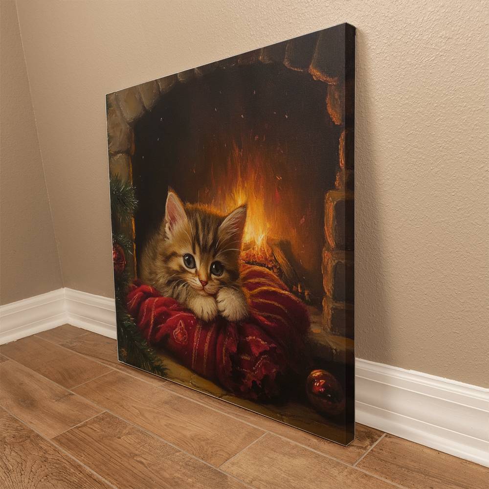 Sleepy Kitten by Fireplace Wrapped Canvas – Perfect Christmas & Winter Decor 2024