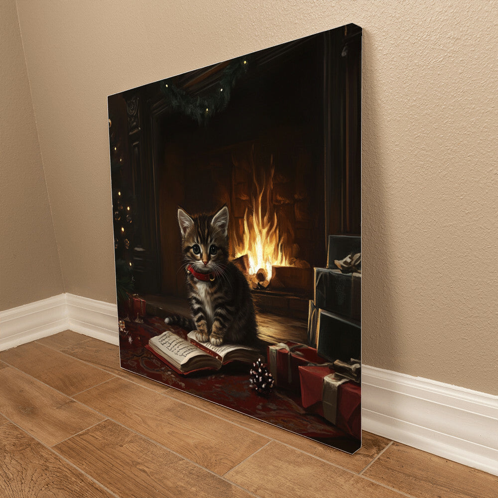 Cozy Kitten Sitting On a Book by the Fireplace Wrapped Canvas – Perfect Christmas & Winter Decor 2024