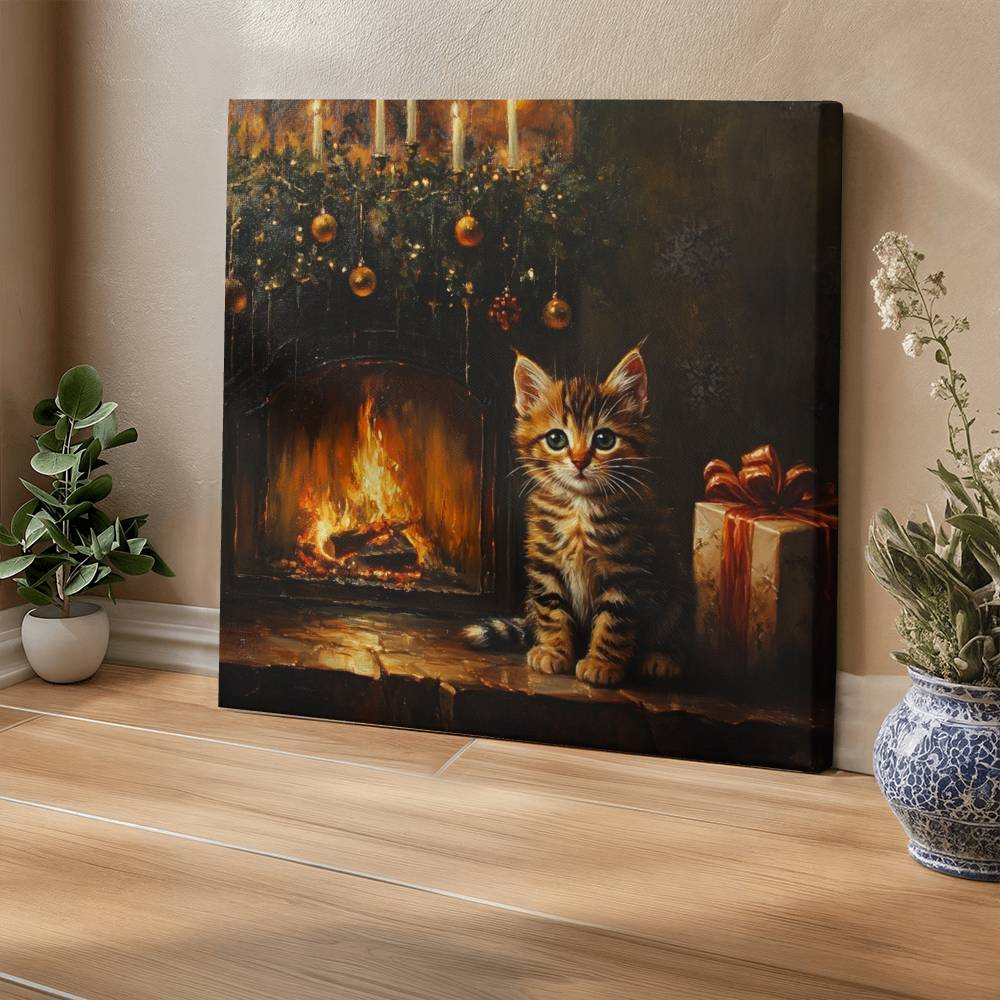 Cozy Tabby Kitten by Fireplace Wrapped Canvas – Perfect Christmas & Winter Decor 2024