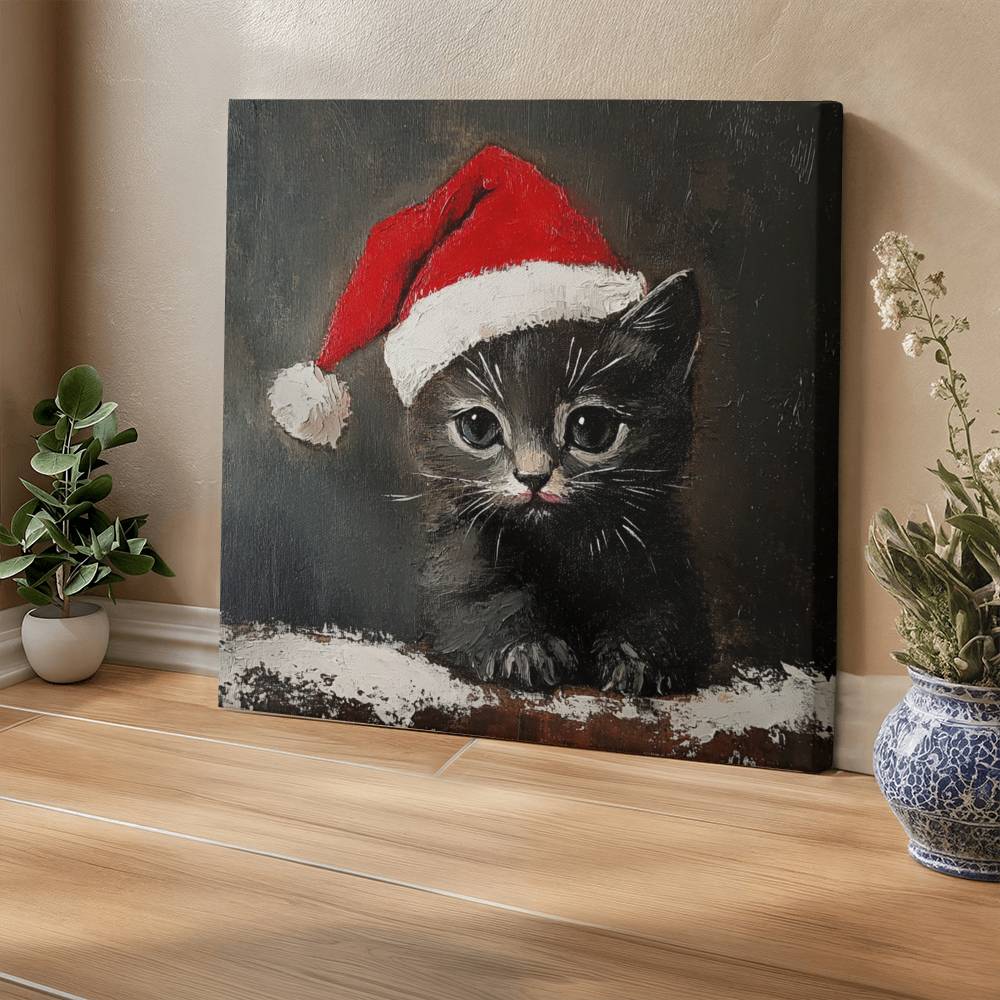 Cute Black Kitten Wearing Christmas Hat | Perfect Christmas Decor 2024