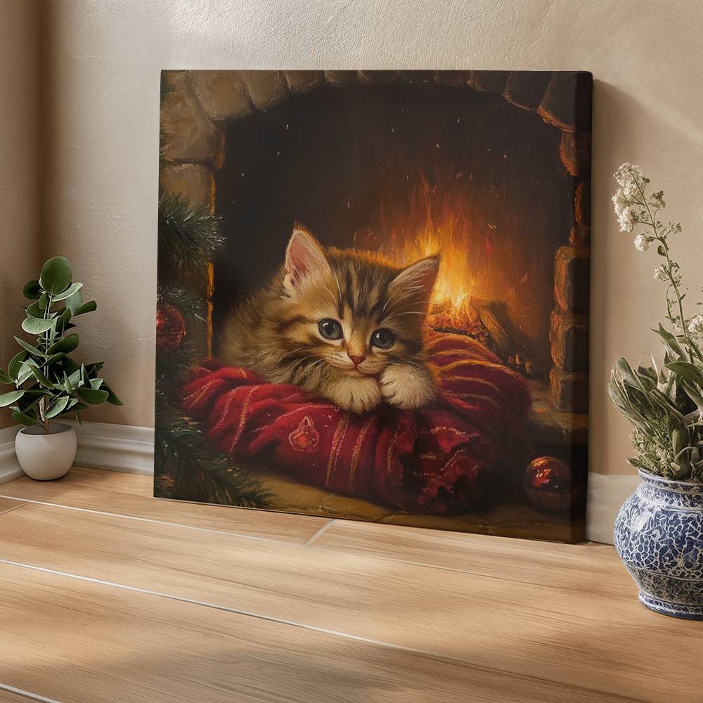 Sleepy Kitten by Fireplace Wrapped Canvas – Perfect Christmas & Winter Decor 2024