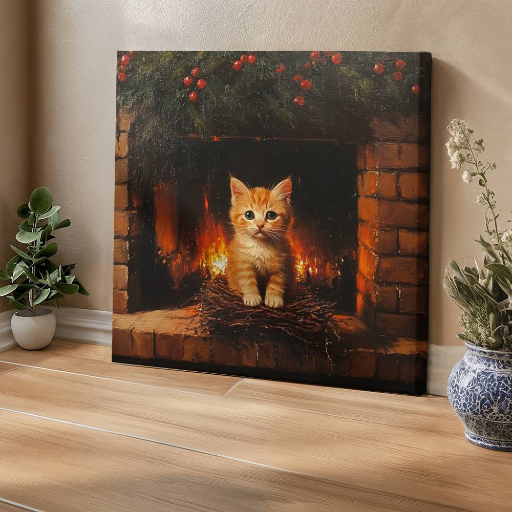 Cozy Orange Kitten by Fireplace Wrapped Canvas – Perfect Christmas & Winter Decor 2024