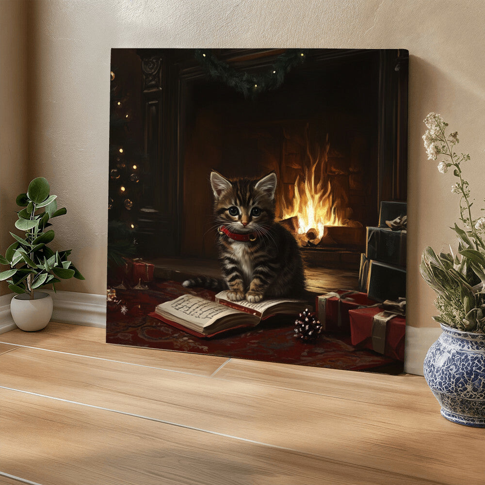 Cozy Kitten Sitting On a Book by the Fireplace Wrapped Canvas – Perfect Christmas & Winter Decor 2024