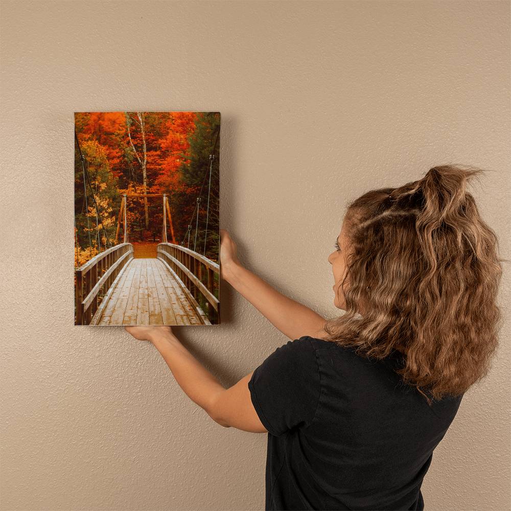 Bridge with Orange and Green Leaves on Wrapped Canvas | Fall Wall Art 2024