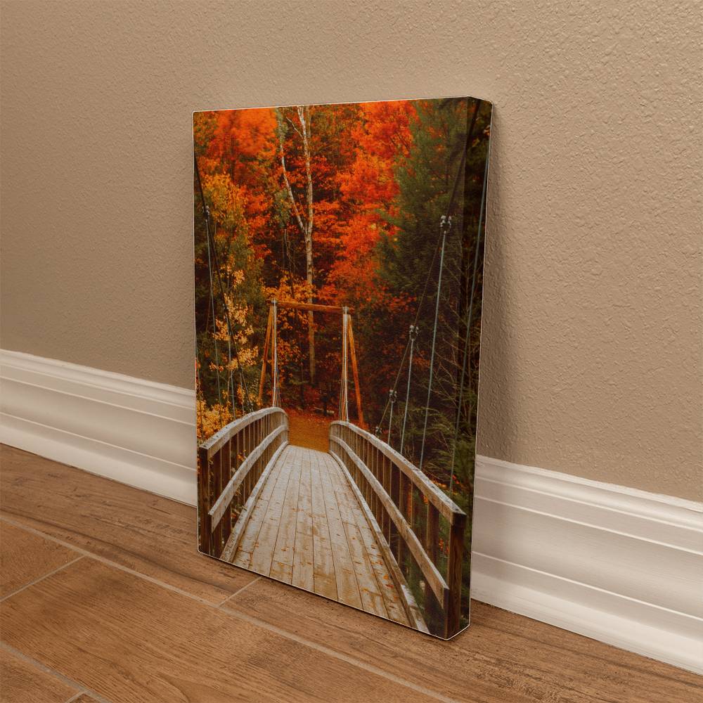 Bridge with Orange and Green Leaves on Wrapped Canvas | Fall Wall Art 2024