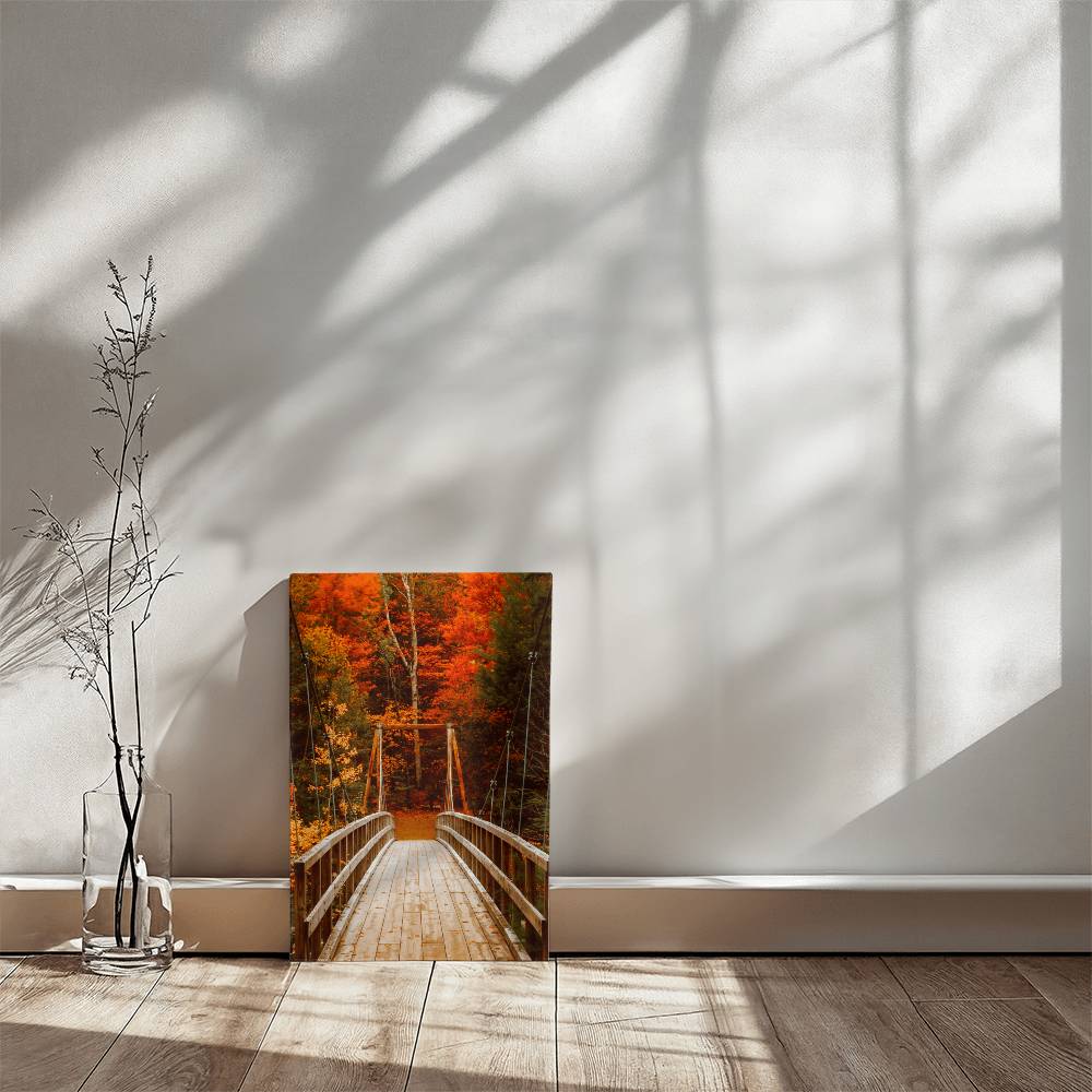 Bridge with Orange and Green Leaves on Wrapped Canvas | Fall Wall Art 2024