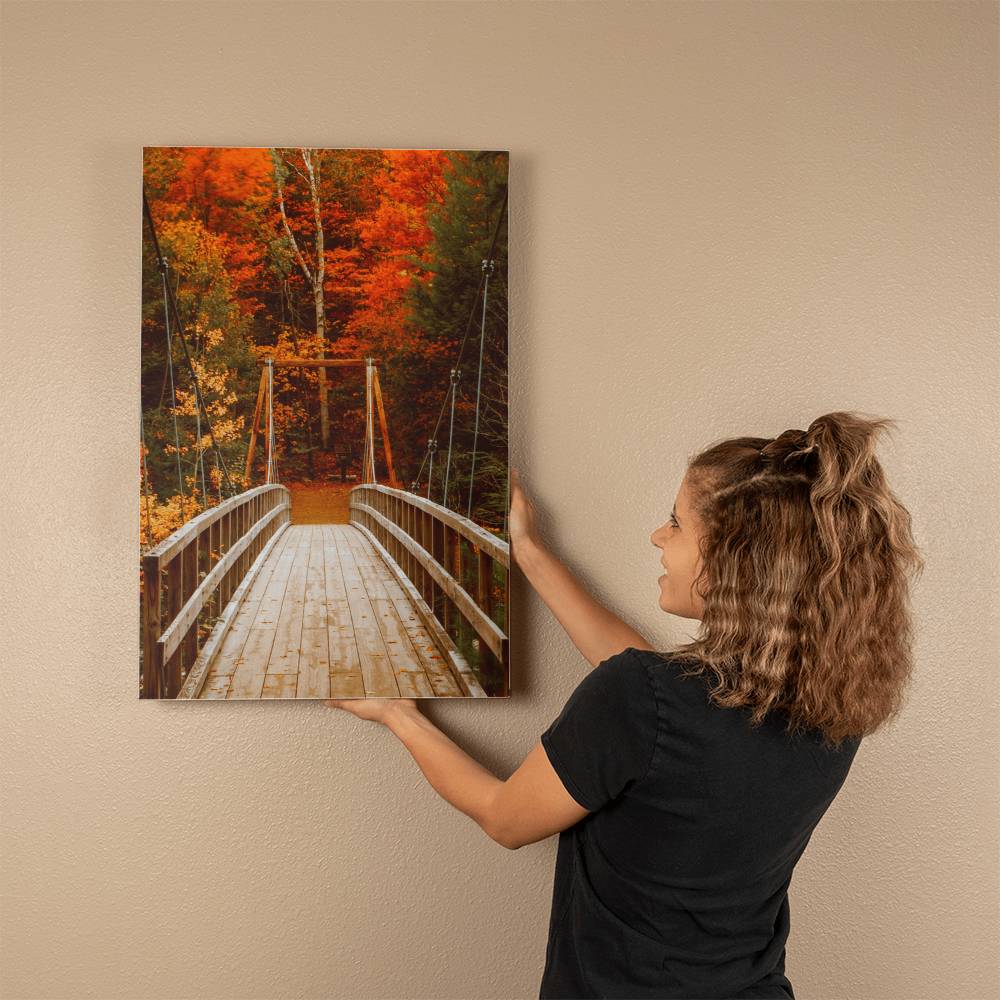 Bridge with Orange and Green Leaves on Wrapped Canvas | Fall Wall Art 2024