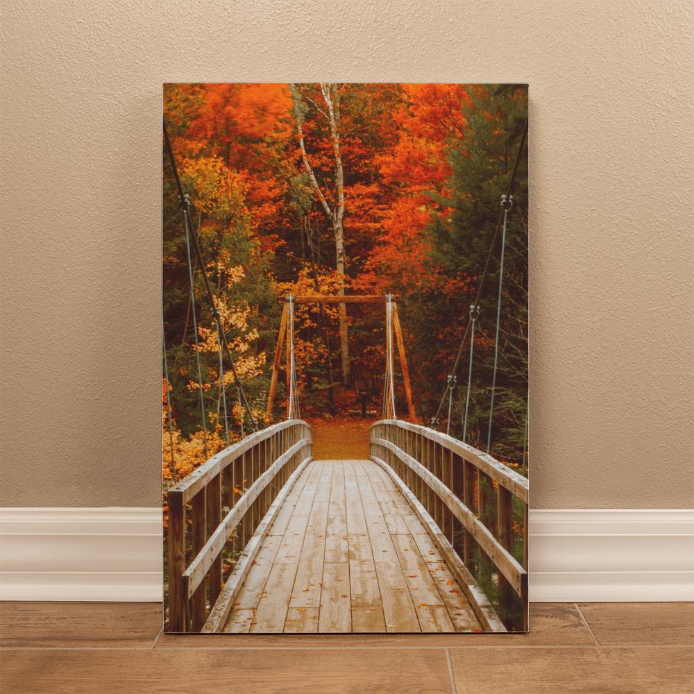 Bridge with Orange and Green Leaves on Wrapped Canvas | Fall Wall Art 2024