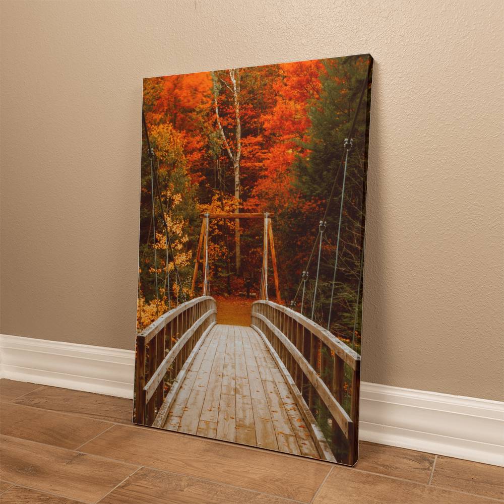 Bridge with Orange and Green Leaves on Wrapped Canvas | Fall Wall Art 2024