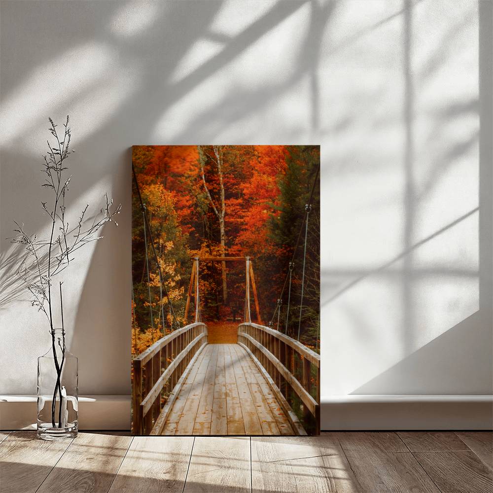 Bridge with Orange and Green Leaves on Wrapped Canvas | Fall Wall Art 2024