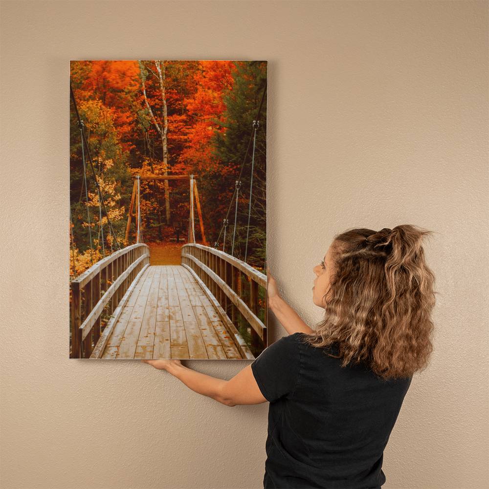 Bridge with Orange and Green Leaves on Wrapped Canvas | Fall Wall Art 2024