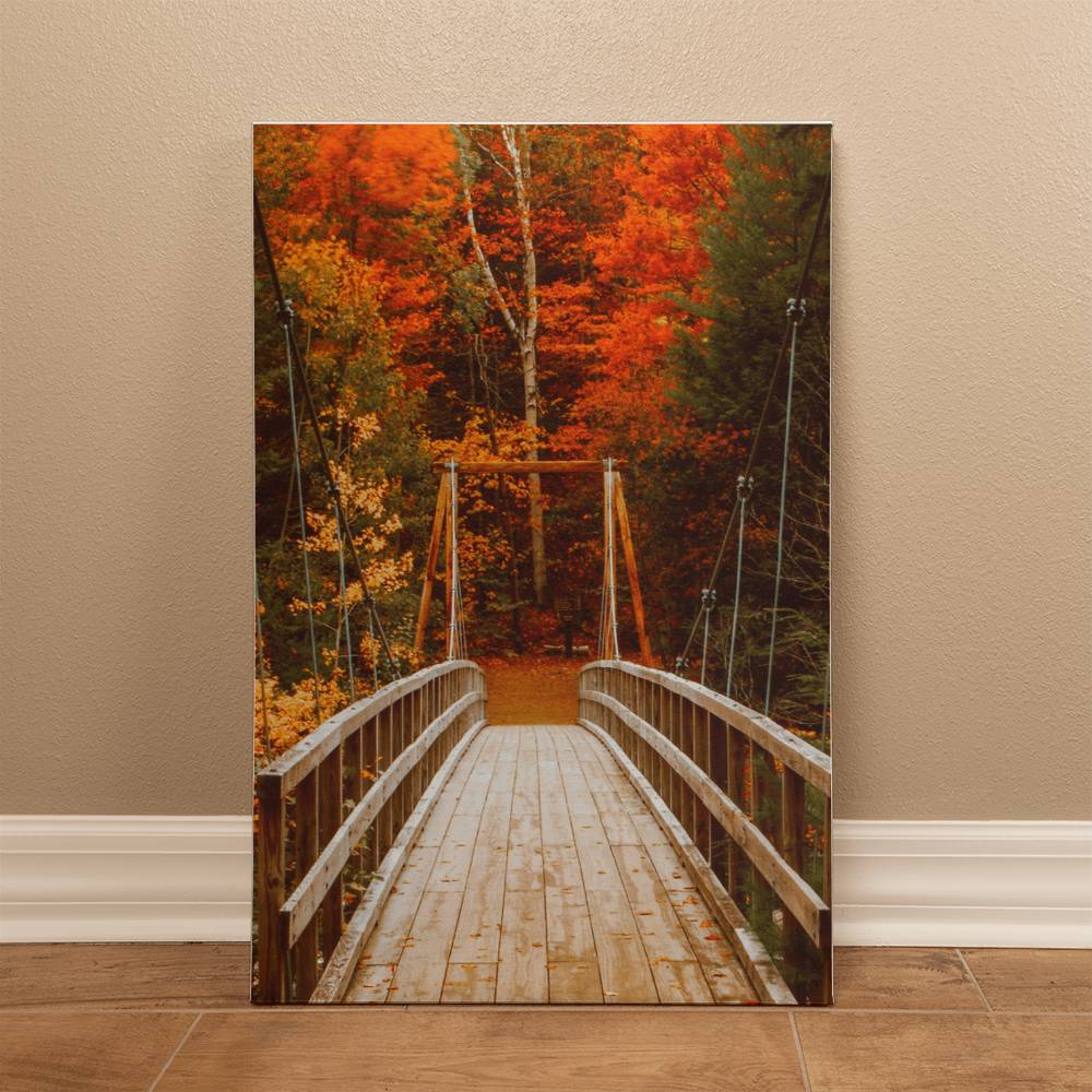 Bridge with Orange and Green Leaves on Wrapped Canvas | Fall Wall Art 2024