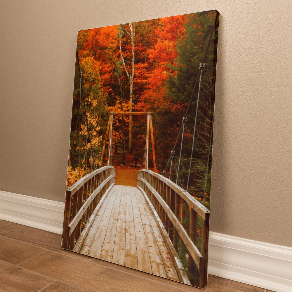 Bridge with Orange and Green Leaves on Wrapped Canvas | Fall Wall Art 2024