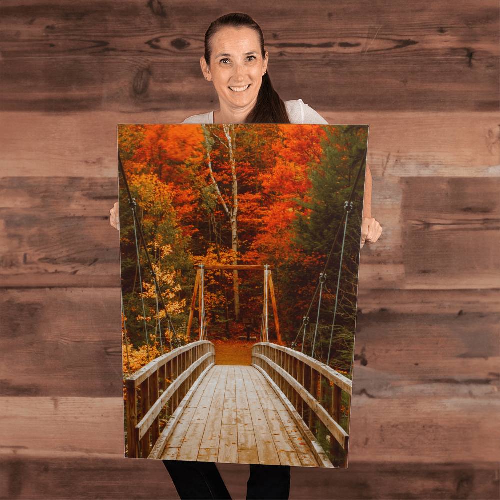 Bridge with Orange and Green Leaves on Wrapped Canvas | Fall Wall Art 2024