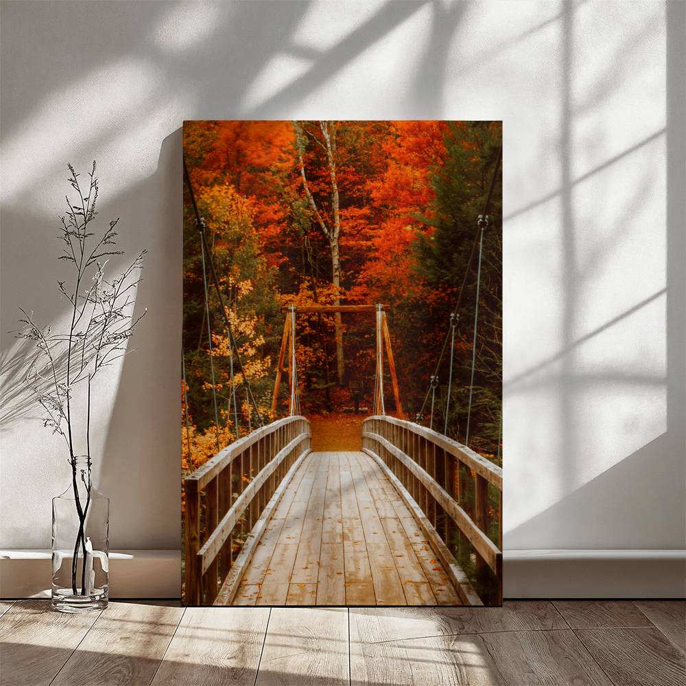 Bridge with Orange and Green Leaves on Wrapped Canvas | Fall Wall Art 2024