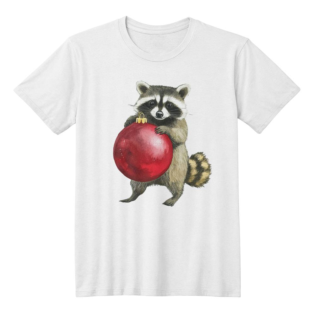 Cute Animal Christmas Shirt 2024 - Racoon Holding Red Ornament