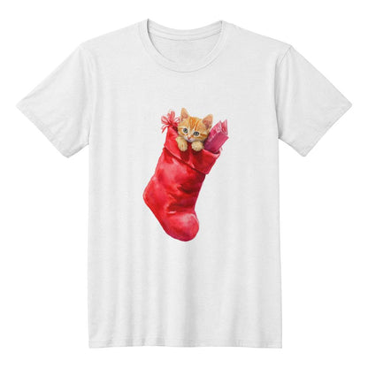 Cute Christmas Shirt 2024 - Red Christmas Stocking with a Kitten Peeking Out